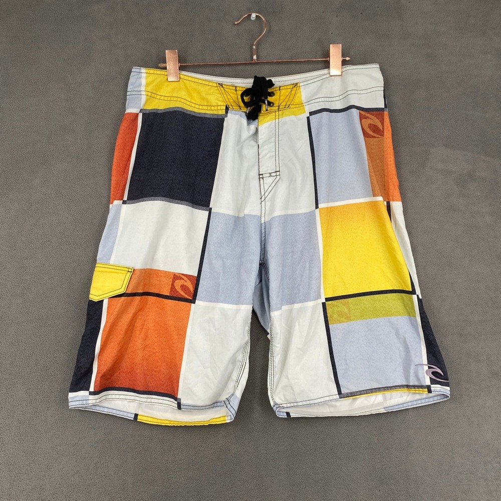 Rip Curl Mens Board Shorts Size 36 Y2K Colorblock Plaid Surf Trunks Orange Blue